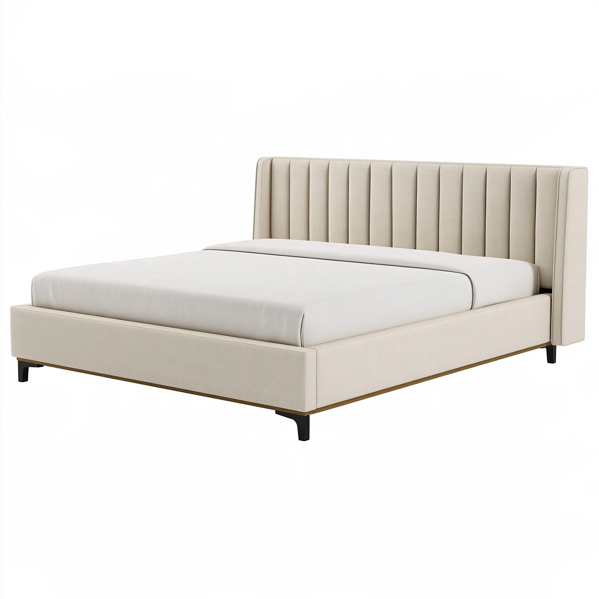 Letto matrimoniale 160 x 200 cm in tessuto beige - testiera imbottita a pannelli verticali