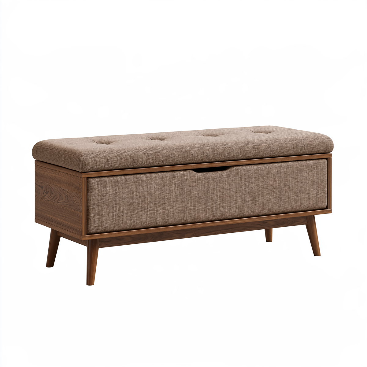 Panca contenitore 120 cm in legno marrone e tessuto beige con seduta imbottita