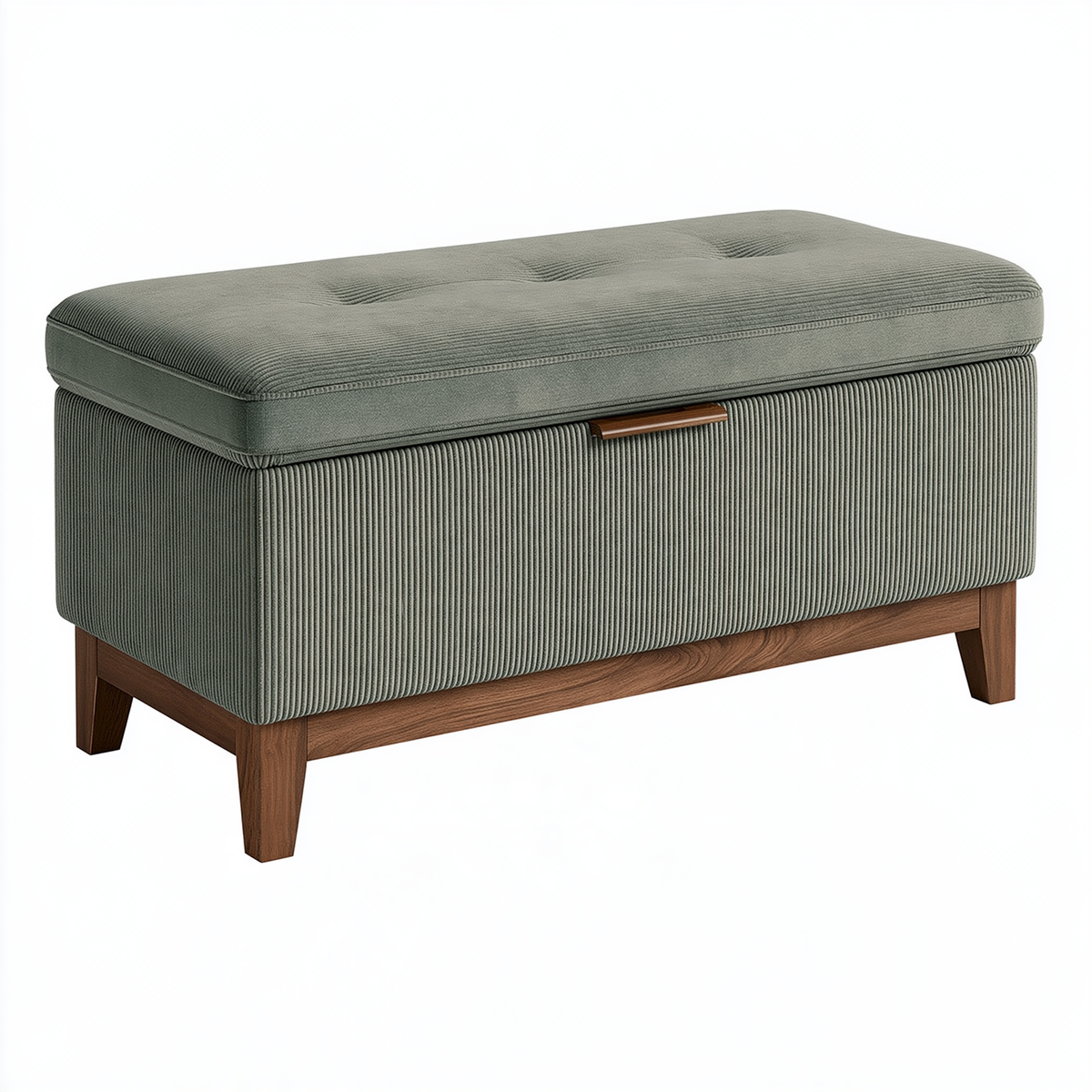 Panca contenitore 100 x 45 x 48 cm in tessuto a coste verde con gambe in legno - stile moderno