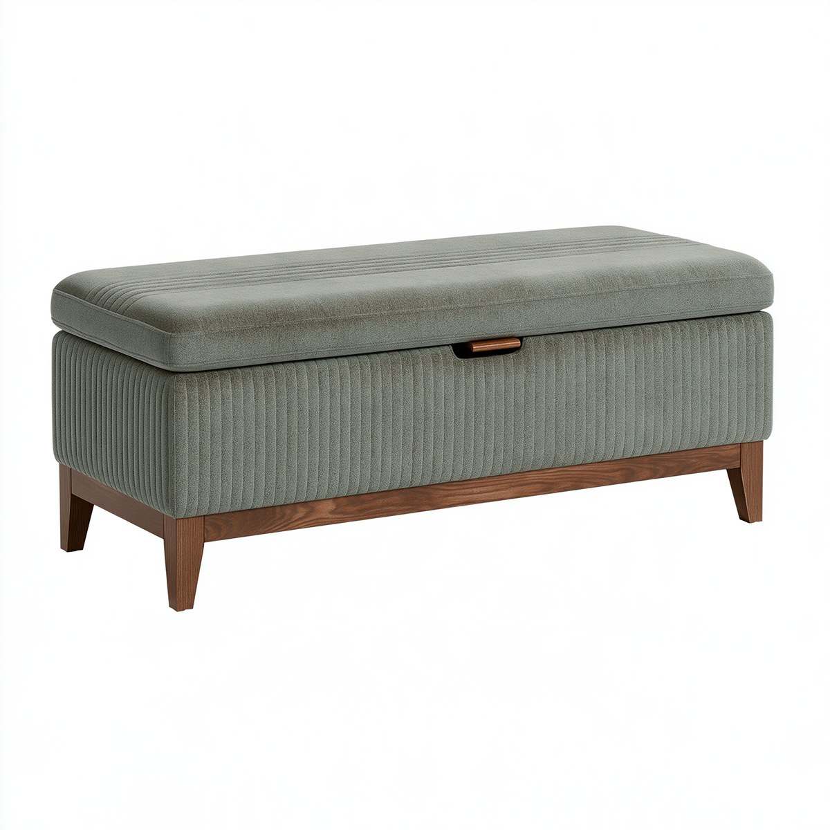 Panca contenitore 100 x 45 x 45 cm in tessuto verde salvia con gambe in legno - seduta imbottita