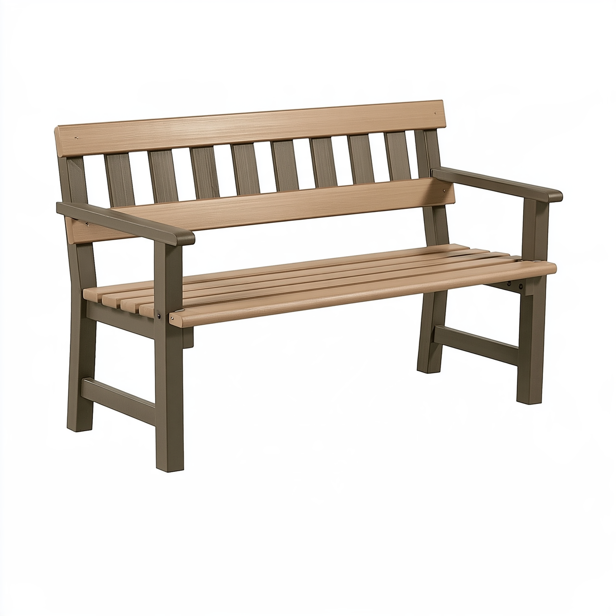 Panca da giardino 122 x 65 x 92 cm in plastica marrone e beige - seduta a doghe con braccioli
