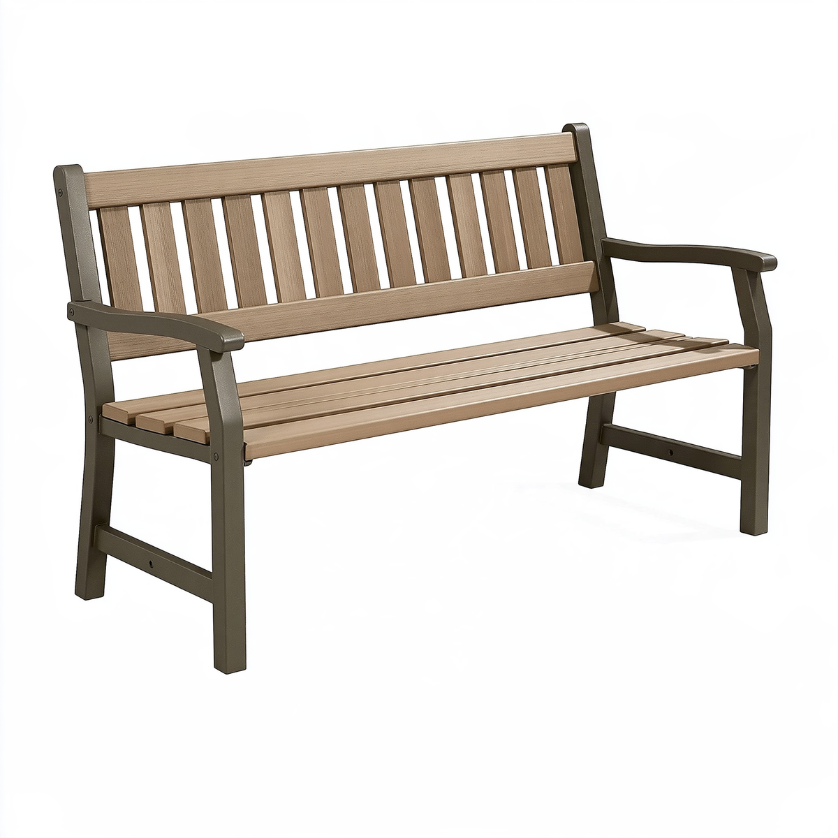 Panca da giardino 122 x 64 x 91 cm in plastica marrone e beige con schienale a doghe