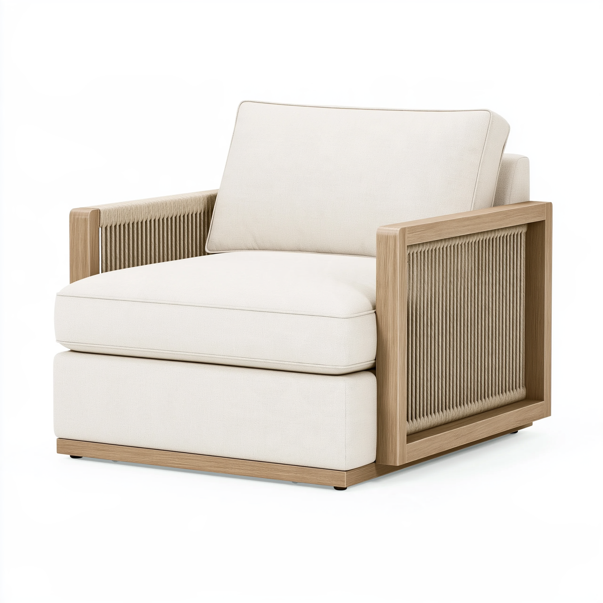 Poltrona 82 x 86 x 82 cm in legno e tessuto avorio con braccioli intrecciati