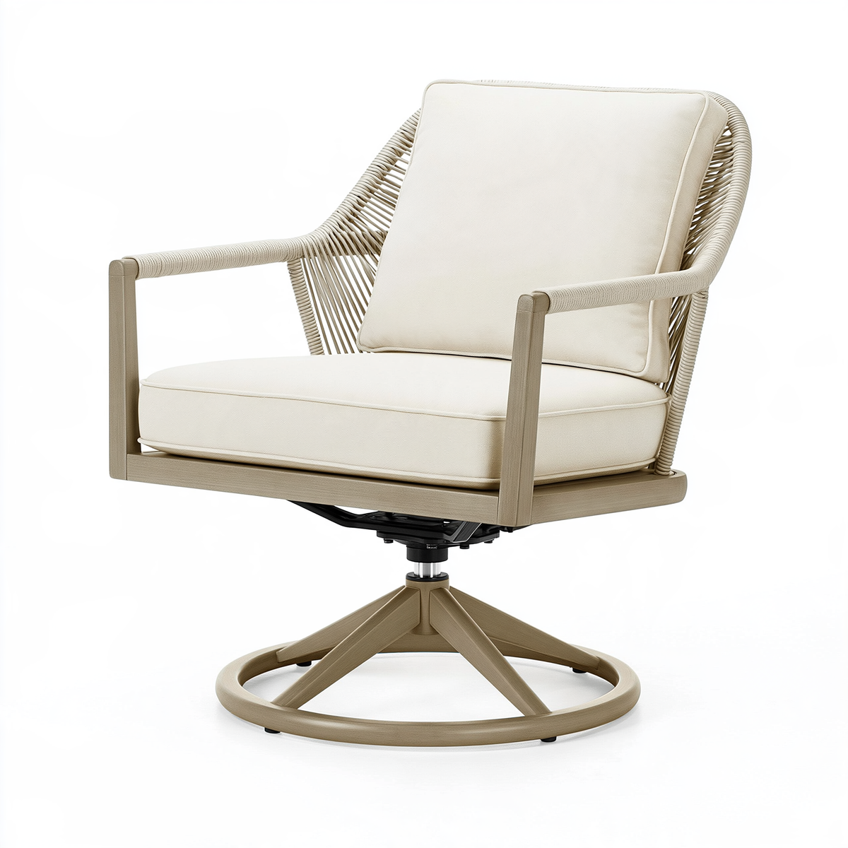 Poltrona girevole 78 x 80 x 98 cm in legno e corda beige avorio - stile contemporaneo